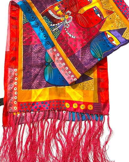 Vintage 1990s Laurel Burch Cat kitty silk fancy fringe scarf
