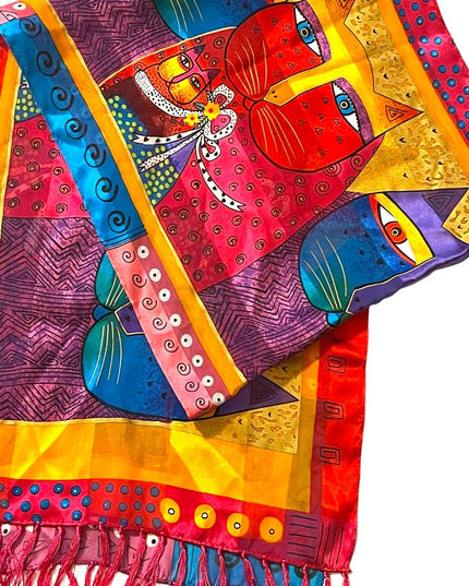 Vintage 1990s Laurel Burch Cat kitty silk fancy fringe scarf