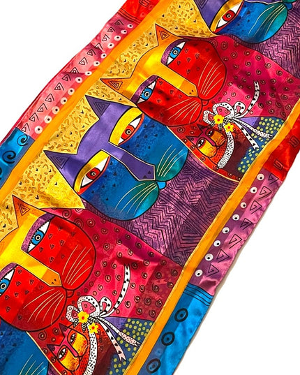 Vintage 1990s Laurel Burch Cat kitty silk fancy fringe scarf