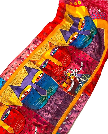 Vintage 1990s Laurel Burch Cat kitty silk fancy fringe scarf