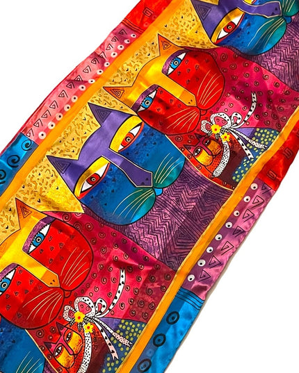Vintage 1990s Laurel Burch Cat kitty silk fancy fringe scarf