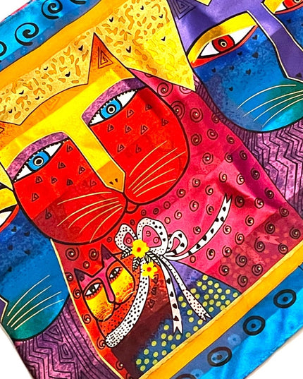 Vintage 1990s Laurel Burch Cat kitty silk fancy fringe scarf