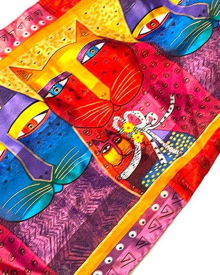 Vintage 1990s Laurel Burch Cat kitty silk fancy fringe scarf