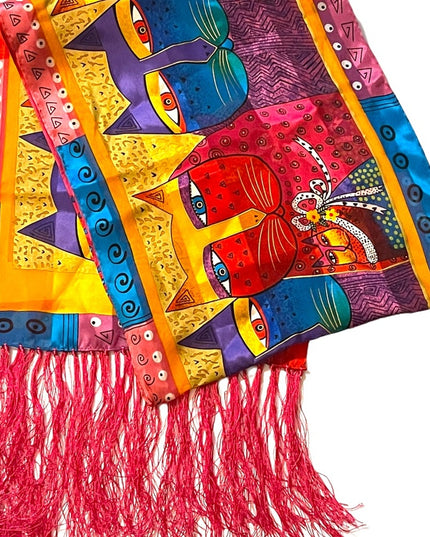 Vintage 1990s Laurel Burch Cat kitty silk fancy fringe scarf
