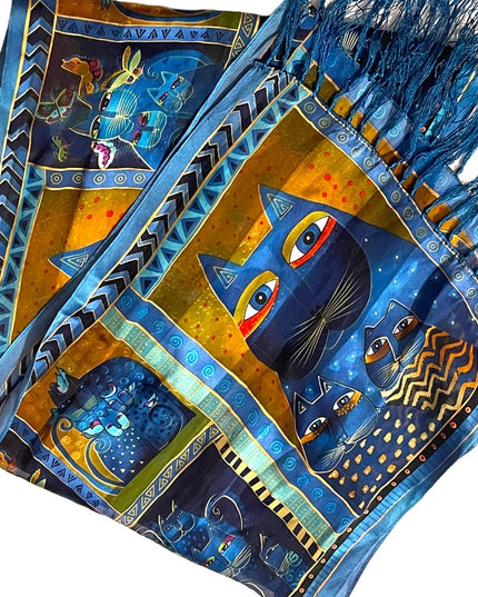 Laurel Burch Blue kitty cat fringe silk scarf