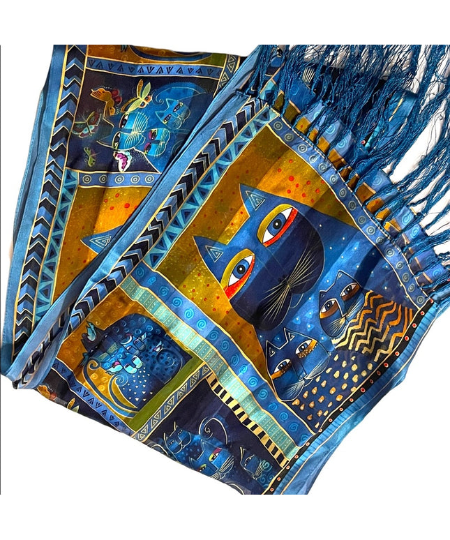 Laurel Burch Blue kitty cat fringe silk scarf