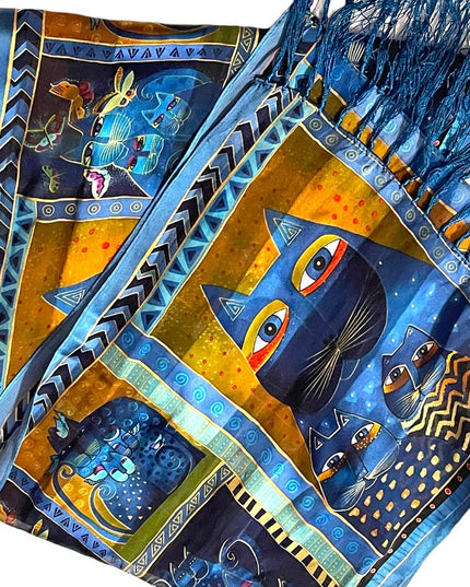 Laurel Burch Blue kitty cat fringe silk scarf