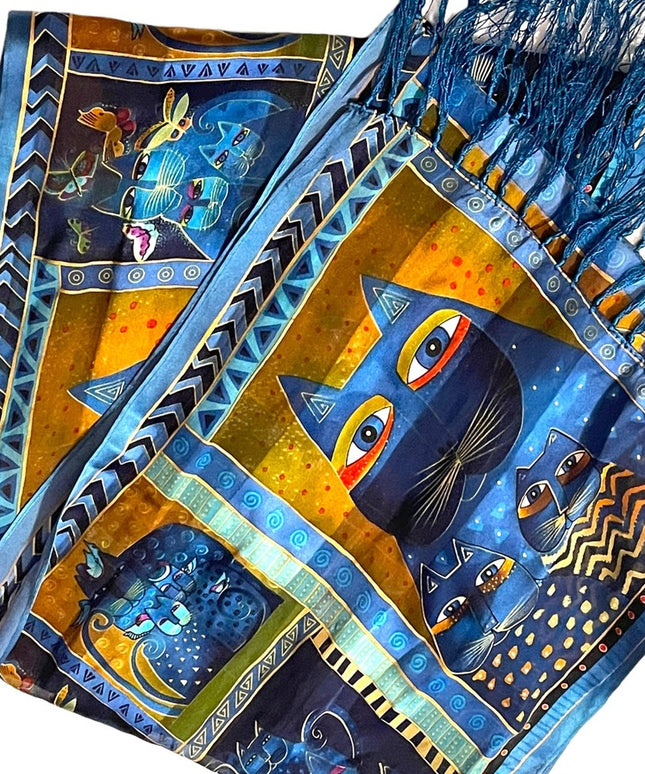 Laurel Burch Blue kitty cat fringe silk scarf