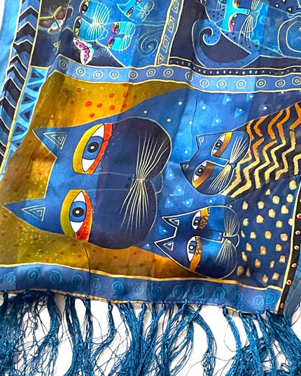 Laurel Burch Blue kitty cat fringe silk scarf