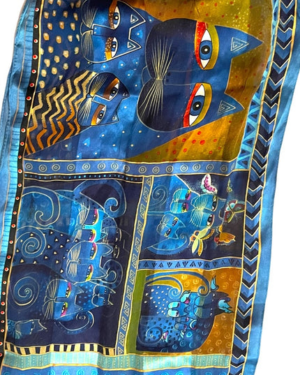Laurel Burch Blue kitty cat fringe silk scarf