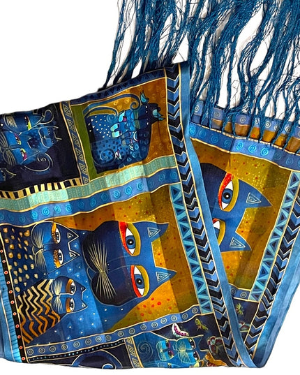 Laurel Burch Blue kitty cat fringe silk scarf