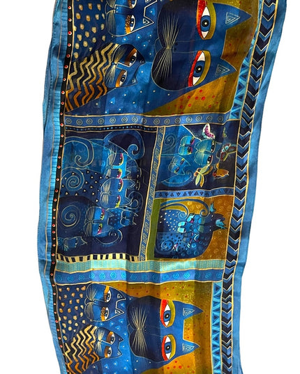 Laurel Burch Blue kitty cat fringe silk scarf