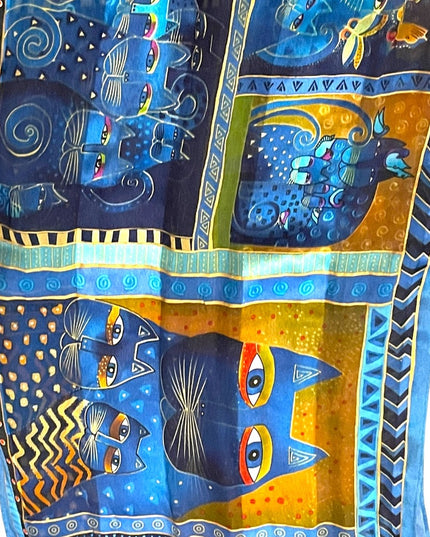 Laurel Burch Blue kitty cat fringe silk scarf