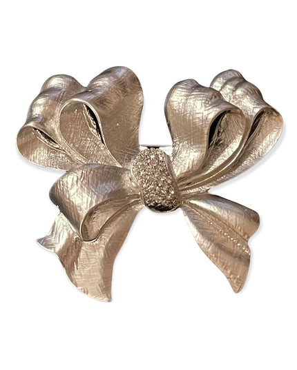 Stunning Silver textured rhinestone large bow brooch