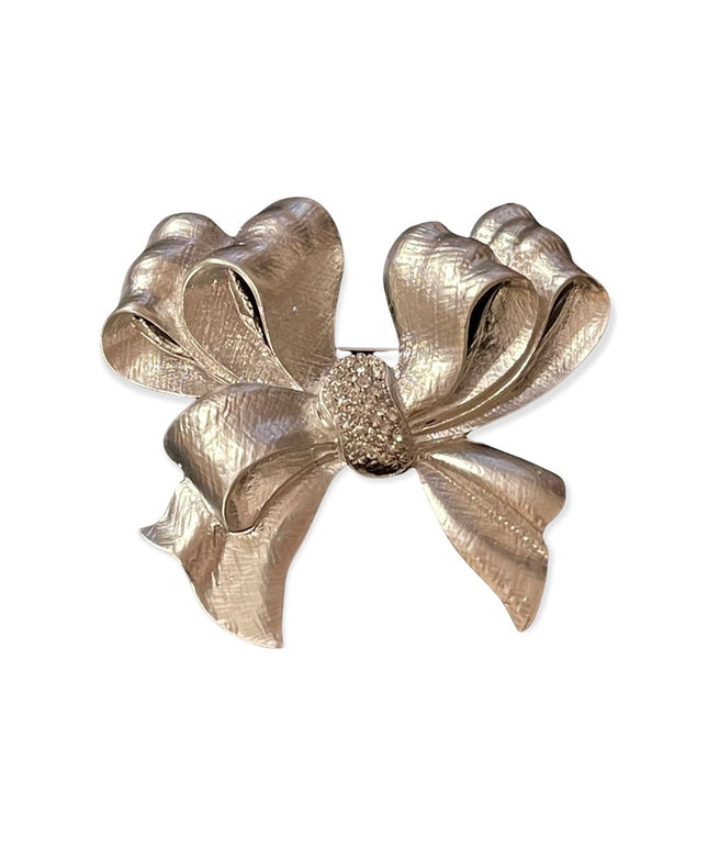 Stunning Silver textured rhinestone large bow brooch