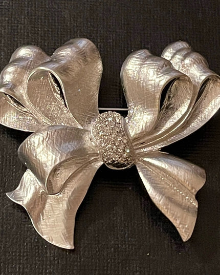 Stunning Silver textured rhinestone large bow brooch