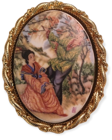 Vintage oval Ceramic Cameo asian geisha scene  pendant