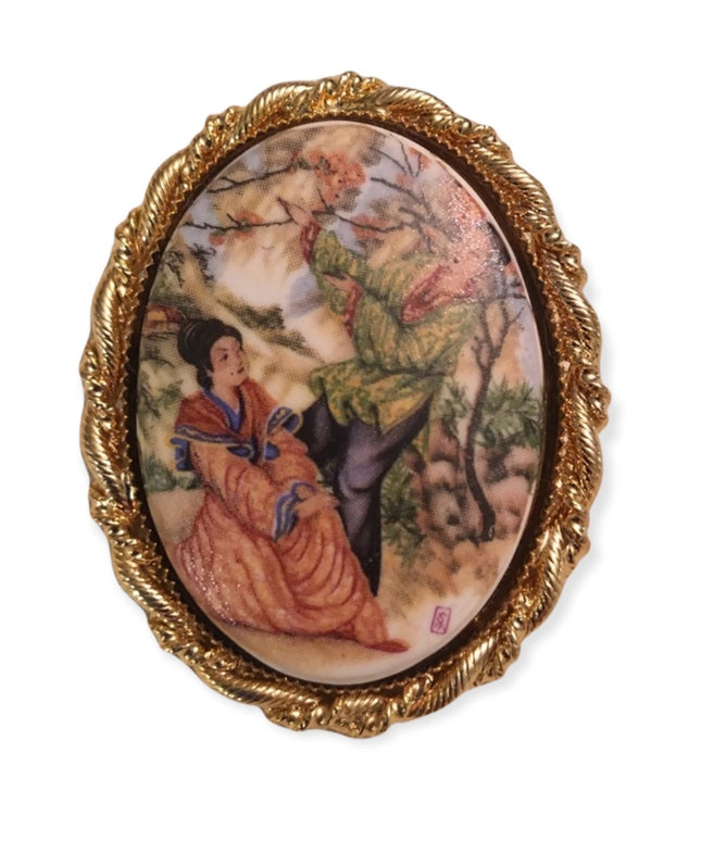 Vintage oval Ceramic Cameo asian geisha scene  pendant