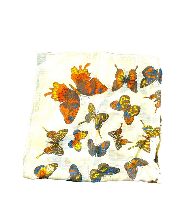Vintage 1970s Linen Cotton Sheer fancy high end Butterfly scarf handmade