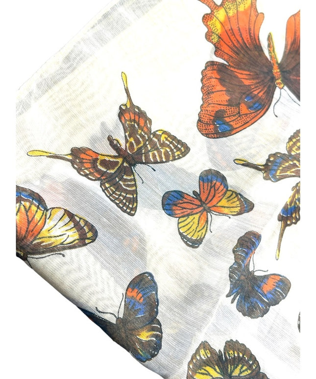Vintage 1970s Linen Cotton Sheer fancy high end Butterfly scarf handmade