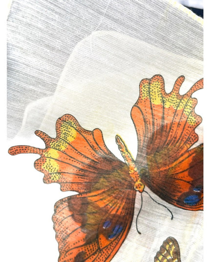 Vintage 1970s Linen Cotton Sheer fancy high end Butterfly scarf handmade
