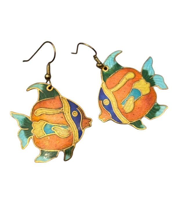 Vintage 1970'S Enameled Fish Pierced Earrings Colorful fun Earrings