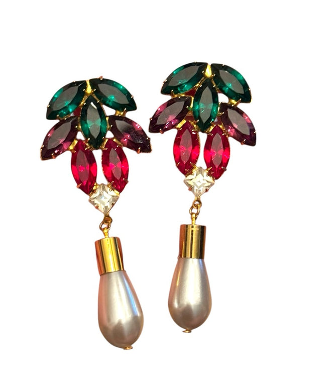 Stunning vintage gold finish Colorful Gemstone green red purple Drop Earrings