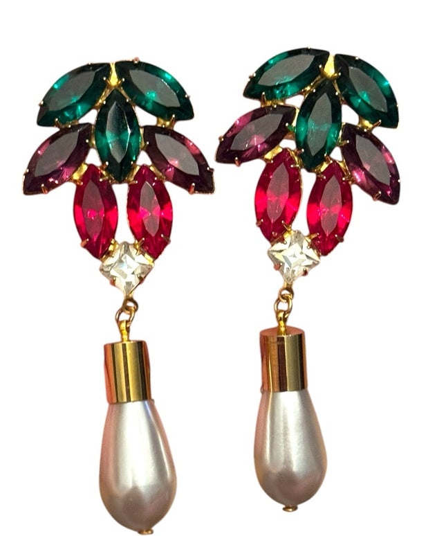 Stunning vintage gold finish Colorful Gemstone green red purple Drop Earrings