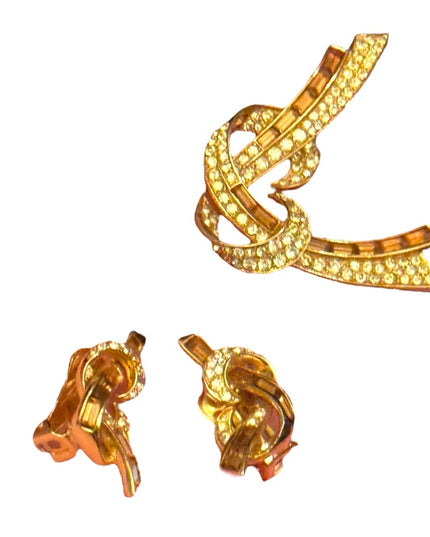 Vintage Stunning Gold Knot Brooch and Earrings Set Brown & clear crystals