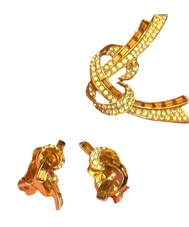Vintage Stunning Gold Knot Brooch and Earrings Set Brown & clear crystals