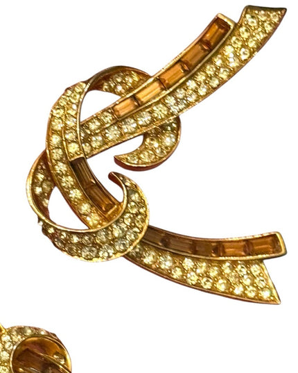 Vintage Stunning Gold Knot Brooch and Earrings Set Brown & clear crystals