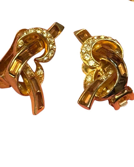 Vintage Stunning Gold Knot Brooch and Earrings Set Brown & clear crystals