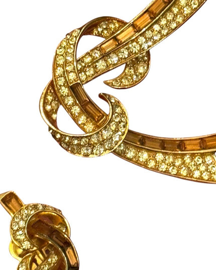 Vintage Stunning Gold Knot Brooch and Earrings Set Brown & clear crystals