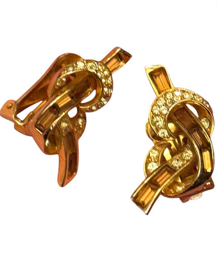 Vintage Stunning Gold Knot Brooch and Earrings Set Brown & clear crystals