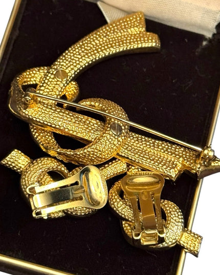 Vintage Stunning Gold Knot Brooch and Earrings Set Brown & clear crystals
