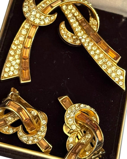 Vintage Stunning Gold Knot Brooch and Earrings Set Brown & clear crystals