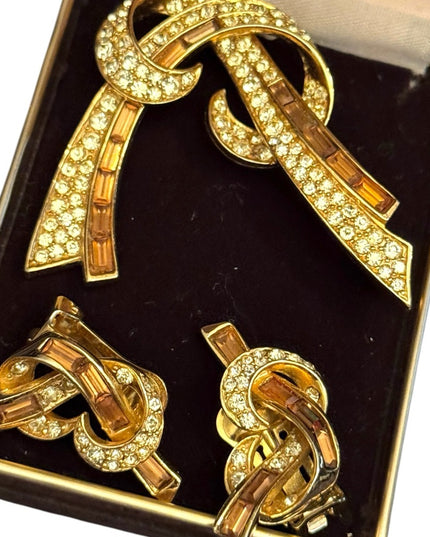 Vintage Stunning Gold Knot Brooch and Earrings Set Brown & clear crystals