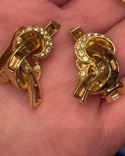 Vintage Stunning Gold Knot Brooch and Earrings Set Brown & clear crystals