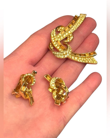 Vintage Stunning Gold Knot Brooch and Earrings Set Brown & clear crystals