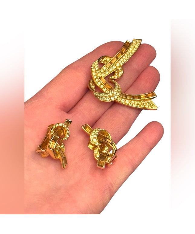 Vintage Stunning Gold Knot Brooch and Earrings Set Brown & clear crystals