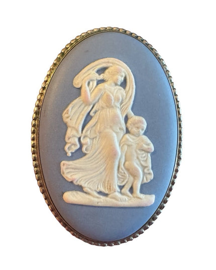Vintage Wedgewood England Jasperware Blue Cameo Brooch silver finish