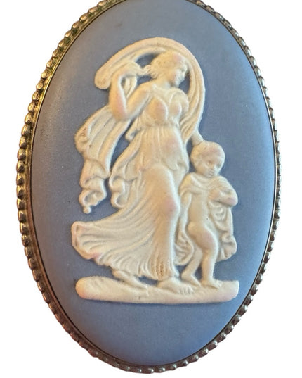 Vintage Wedgewood England Jasperware Blue Cameo Brooch silver finish