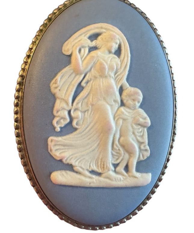 Vintage Wedgewood England Jasperware Blue Cameo Brooch silver finish