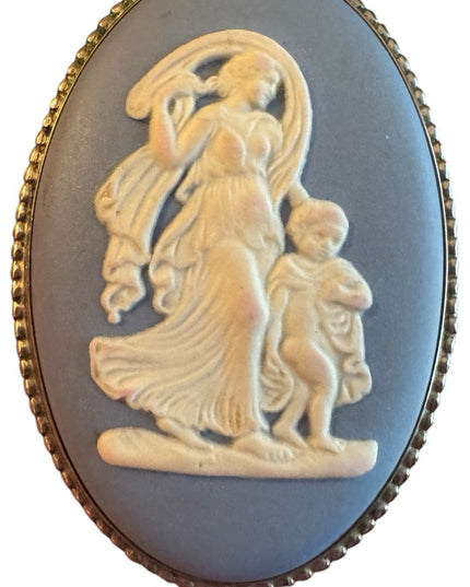 Vintage Wedgewood England Jasperware Blue Cameo Brooch silver finish