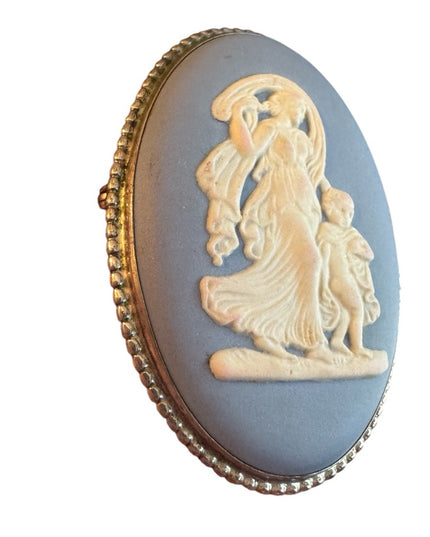 Vintage Wedgewood England Jasperware Blue Cameo Brooch silver finish