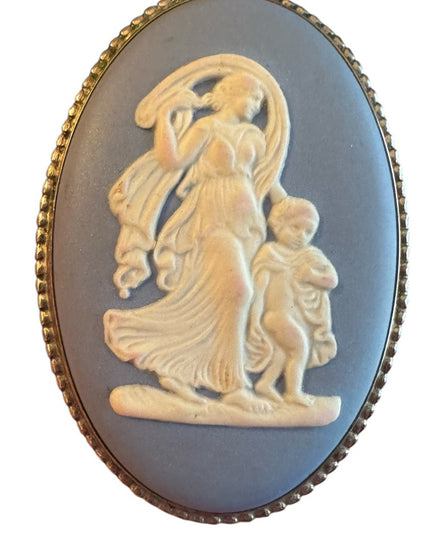 Vintage Wedgewood England Jasperware Blue Cameo Brooch silver finish