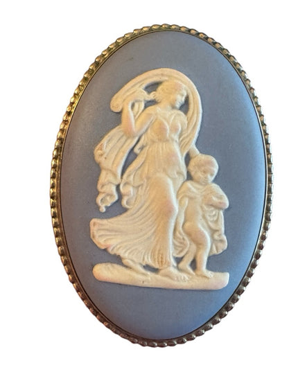 Vintage Wedgewood England Jasperware Blue Cameo Brooch silver finish