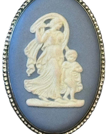 Vintage Wedgewood England Jasperware Blue Cameo Brooch silver finish