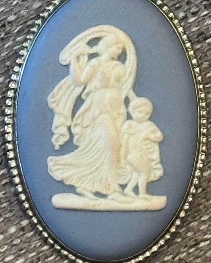 Vintage Wedgewood England Jasperware Blue Cameo Brooch silver finish