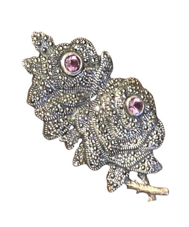 Vintage sterling silver large marcasite rose amethyst flower brooch